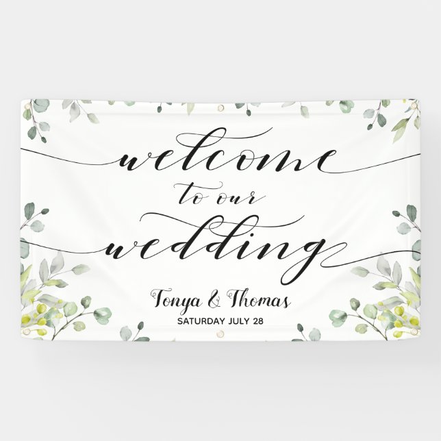 Banderoles Calligraphie Vert Eucalyptus Mariage de bienvenue (Horizontal)