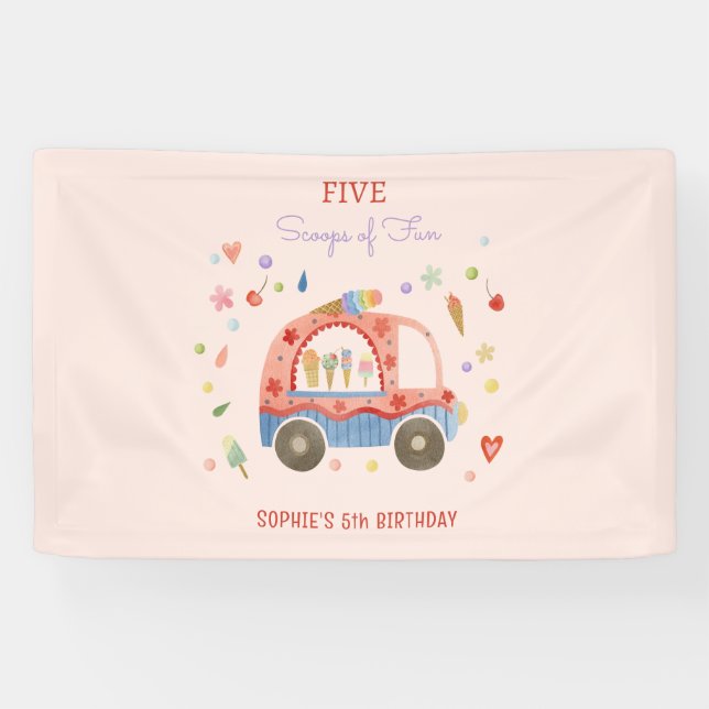 Banderoles Camion glace Scoops of fun anniversaire de enfant (Horizontal)