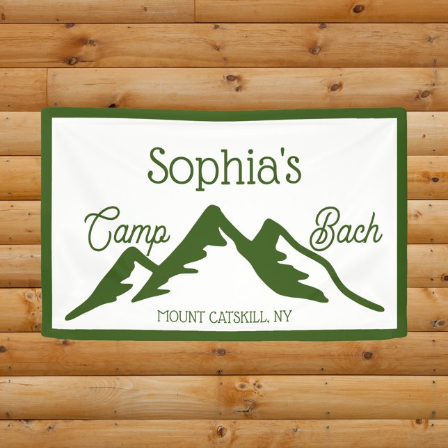 Banderoles Camp Personnalisé Rétro Montagnes Bach Vert (Camp Bach personalized camping bachelorette party banner)
