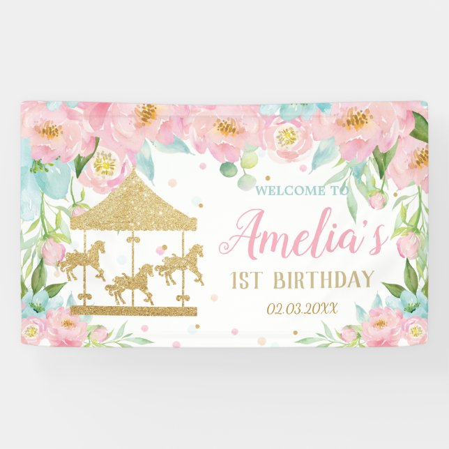Banderoles Carousel Floral Rose Menthe Bienvenue 1er Annivers (Horizontal)