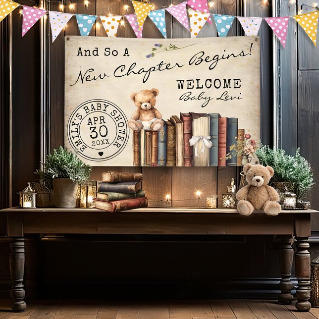 Banderoles Cartes de bibliothèque vintages Livres Teddy Bear  (New Chapter 4x6' vintage library card watercolor books teddy bear gender neutral baby shower banner)