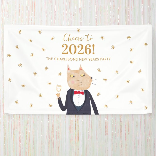 Banderoles Cat Cheers to 2026 New Year Personalized Party (Fun Cat in Tuxedo Suit personalized custom name and text Cheers to 2026 New Year party banner)