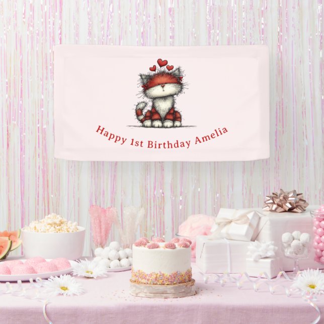 Banderoles Cat with Red Love Hearts Cute and Fun Birthday (Fête)