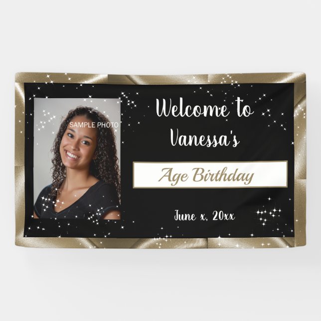 Banderoles Célébration d'anniversaire Satin doré, Paillettes (Horizontal)