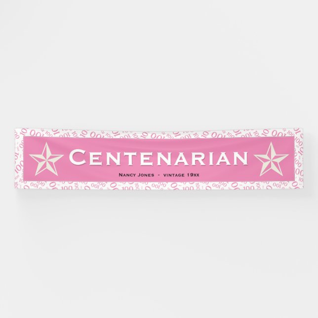 Banderoles "CENTENARIAN" 100e anniversaire Motif rose/blanc (Horizontal)