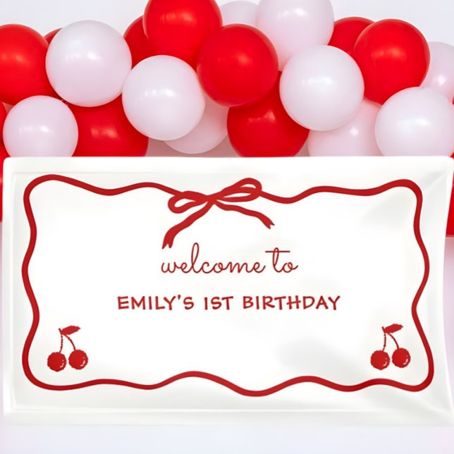 Banderoles Cerise dessinée à la main sur le dessus avec bordu (Hand drawn Cherry On Top Welcome Sign, Cherry on Top Party Banner, Whimsical Cherry on Top Banner)