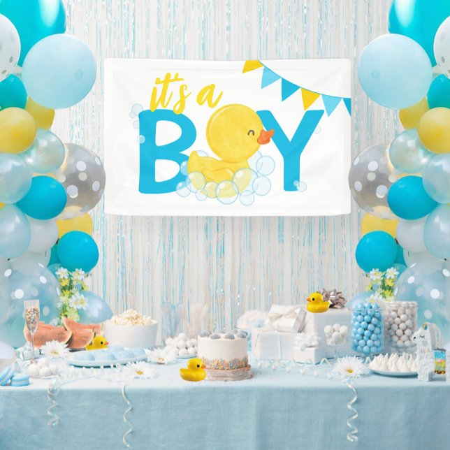 Banderoles C'est un Baby shower de canard en caoutchouc d'aqu (Its a Boy Watercolor Rubber Ducky Baby Shower Hanging Vinyl Banner in White)