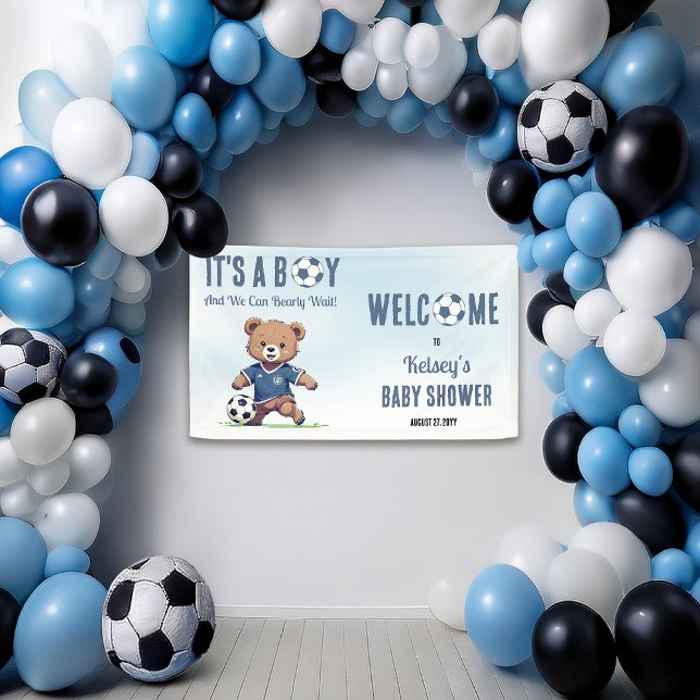 Banderoles C'est un garçon Bearly Wait Soccer Player Baby sho (Cute Blue "It's A Boy and We Can Bearly Wait!" Teddy Bear Soccer Player Boy Baby Shower Banner)