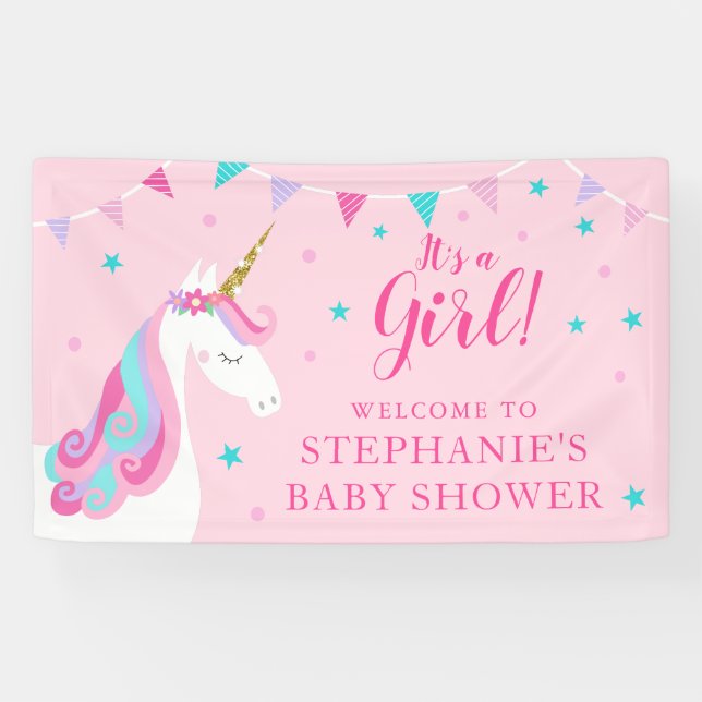 Banderoles C'est une fille Unicorn Baby shower rose (Horizontal)