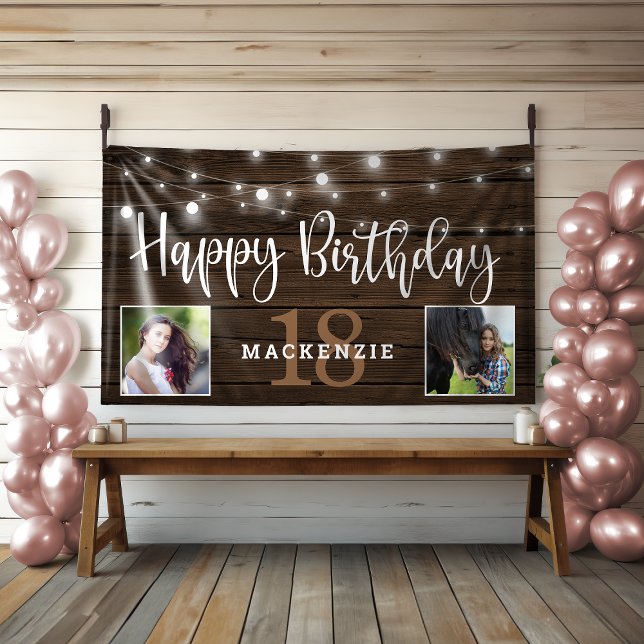 Banderoles Chaîne rustique illumine Bois 18ème anniversaire P (Rustic String Lights Wood  Birthday Photo Banner)