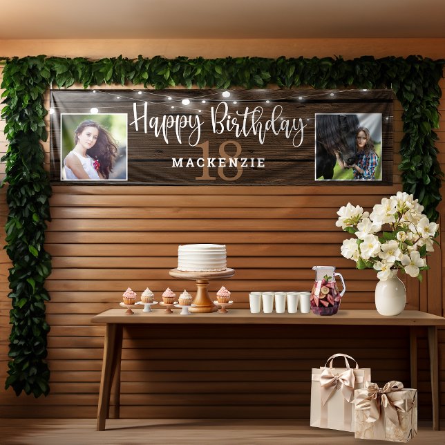 Banderoles Chaîne rustique illumine Bois 18ème anniversaire P (Rustic String Lights Wood 18th Birthday Photo Banner)