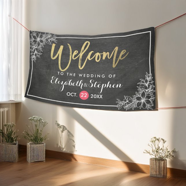 Banderoles Chalkboard Floral Chic Gold Script Mariage Bienven (Créateur téléchargé)