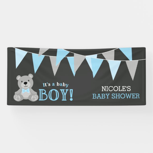 Banderoles Chalkboard Gris Teddy Bear Baby shower garçon (Horizontal)