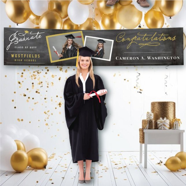 Banderoles Chalkboard Script élégant 2 Photo Graduation Party (Chalkboard Graduate Script 2 Photo Modern Graduation Party Banner @ www.zazzle.com/color_therapy)