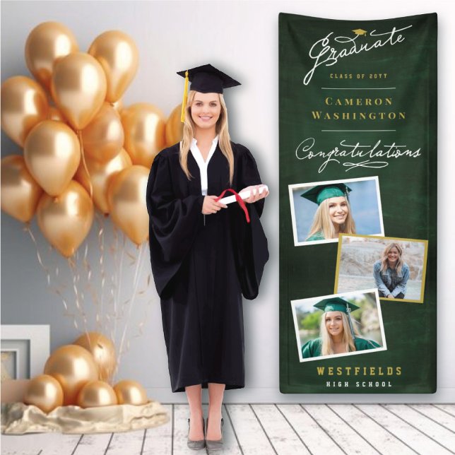Banderoles Chalkboard Script élégant 3 Photo Graduation Party (Green Chalkboard Handwriting Script 3 Photo, Graduation Party Banner @ www.zazzle.com/color_therapy)