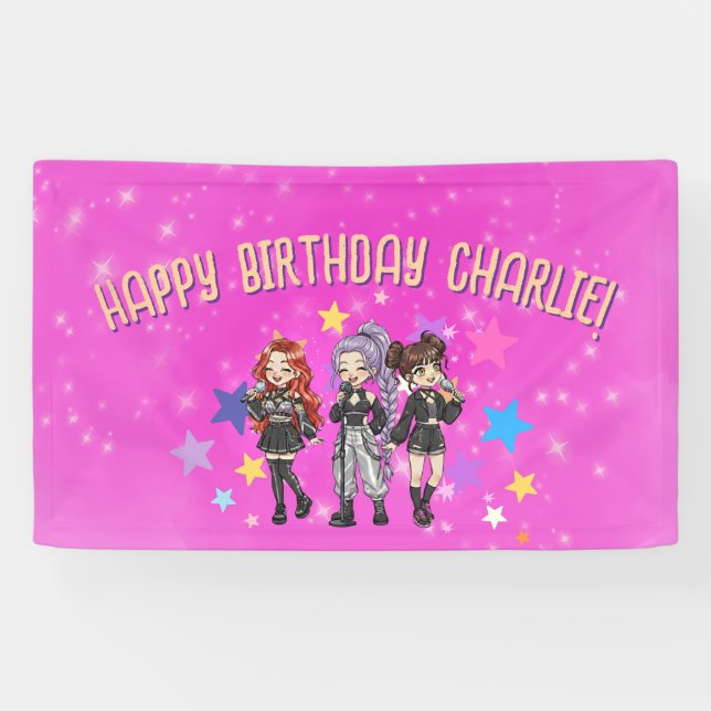 Banderoles Chanson d'anniversaire KPOP, étoiles roses (Horizontal)