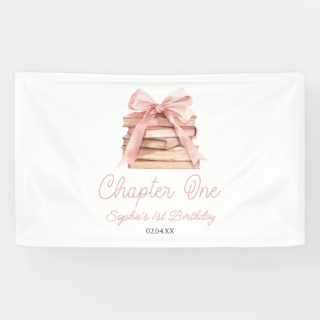 Banderoles Chapter One Pink Bow Books 1st Birthday Party (Horizontal)