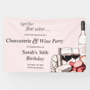Banderoles Charcuterie et vin rouge Fête des 50 ans en rose
