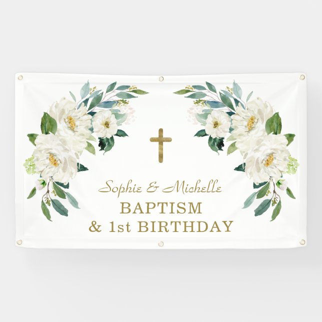 Banderoles Charm Blanc Floral Gold Cross Affiche de bienvenue (Horizontal)