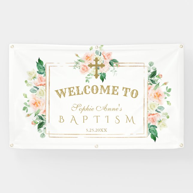 Banderoles Charm rose Fleurs or Baptême Affiche de bienvenue (Horizontal)