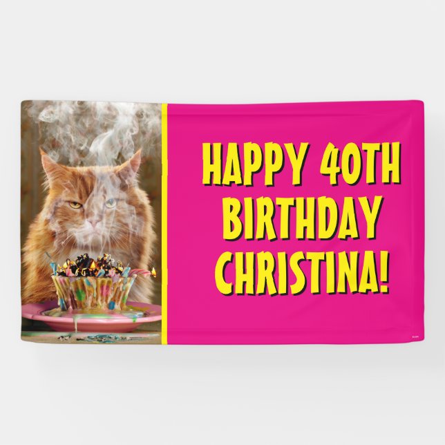 Banderoles Chat Cranky Drôle Avec Cupcake D'Anniversaire Fond (Horizontal)