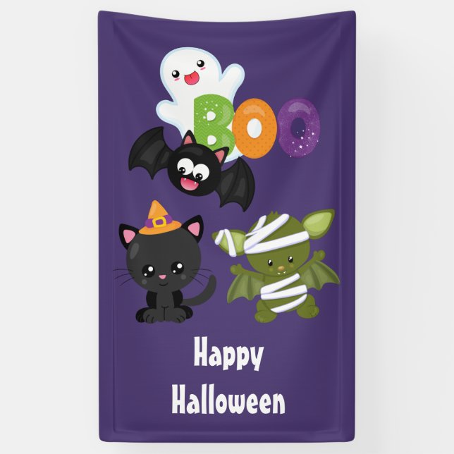 Banderoles Chat de Cute Halloween, bat, mummy et ghost (Vertical)