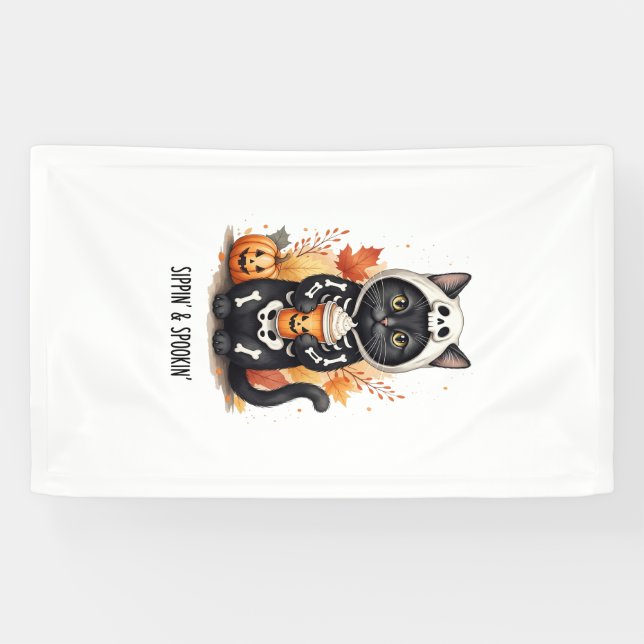 Banderoles Chat mignon et effrayant Halloween (Horizontal)