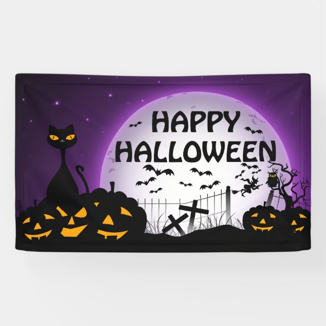 Banderoles Chat noir et Jack o Lanterns noir et violet (Horizontal)