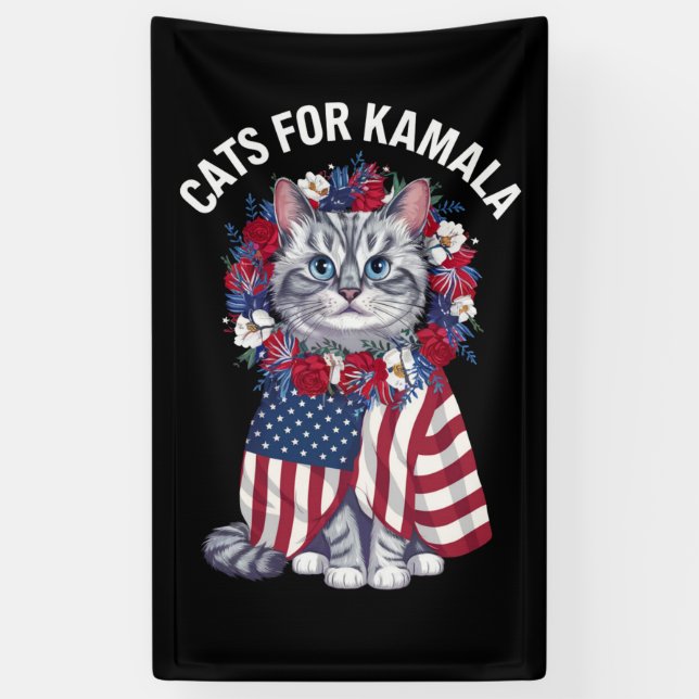 Banderoles Chat Pour Kamala Fleurs de chats Drapeau américain (Vertical)