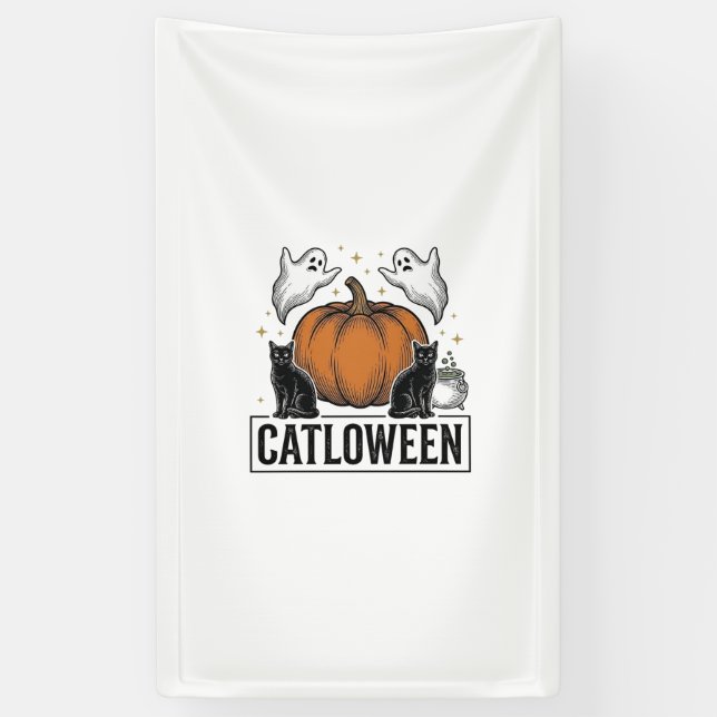 Banderoles Chatoween Chat Noir Fantôme Halloween Conception V (Vertical)