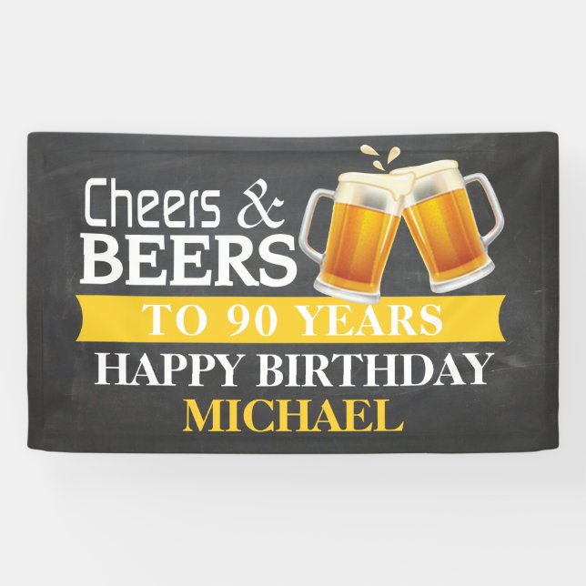 Banderoles Cheers and Beers Happy 90th Birthday Banner Yellow (Horizontal)