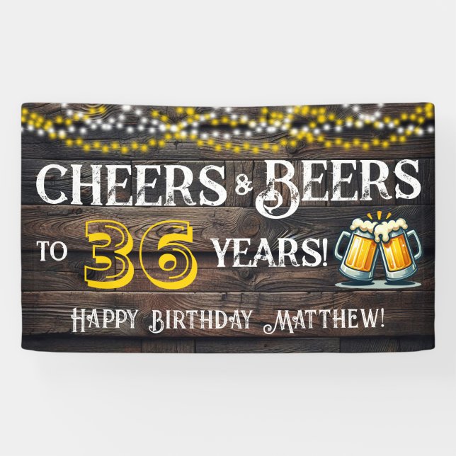 Banderoles Cheers and Beers to 36 Years Birthday Party Banner (Horizontal)