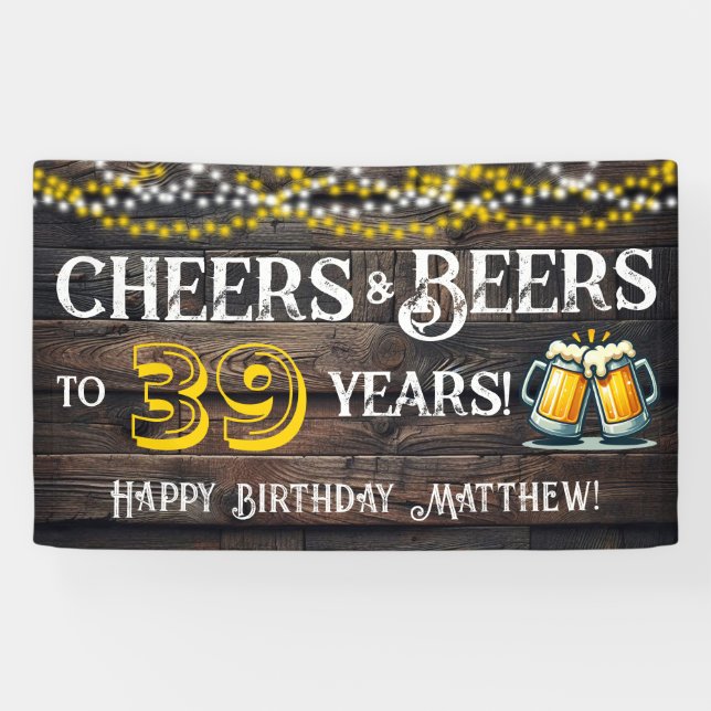 Banderoles Cheers and Beers to 39 Years Birthday Party Banner (Horizontal)