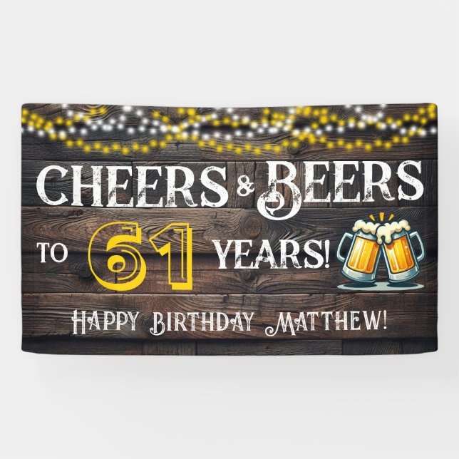 Banderoles Cheers and Beers to 61 Years Birthday Party Banner (Horizontal)