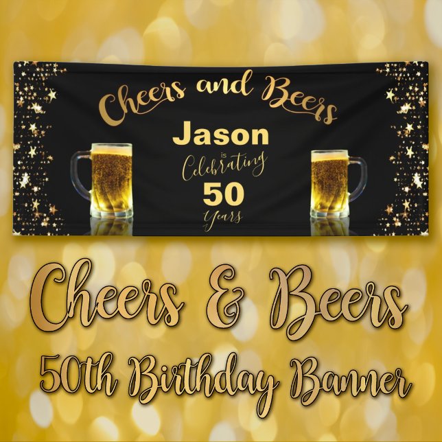 Banderoles Cheers & Beers 50e anniversaire (Cheers & Beers Celebrating 50th Birthday Banner in Black and Gold featuring 2 frosty mugs of beer.)