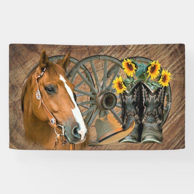 Banderoles Cheval Boot Boots Wagon Wheels Sunflower Western (Horizontal)