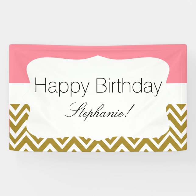 Banderoles Chevron d'or avec Anniversaire rose (Horizontal)