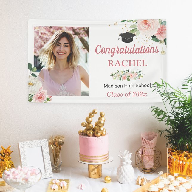 Banderoles Chic Floral Gold Graduation Celebration Photo (Créateur téléchargé)