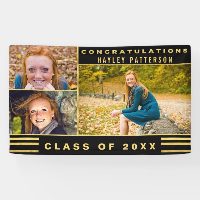 Banderoles Chic Gold Black Stripes Graduation Photo (Horizontal)
