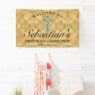 Banderoles Chic Gold Blue Cross Dove First Communion Welcome