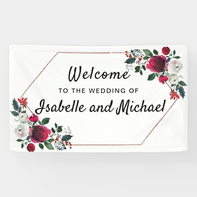 Banderoles Chic Mariage d'hiver Bienvenue Floral rouge (Horizontal)