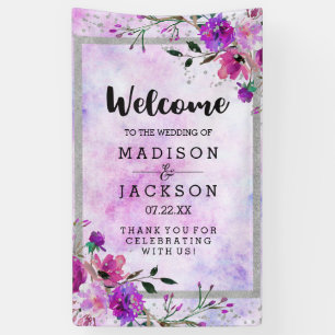 Banderoles Chic Purple Floral & Mariage Argent Bienvenue