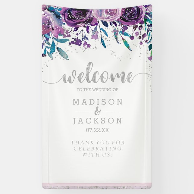 Banderoles Chic Purple Floral & Mariage Argent Bienvenue (Vertical)