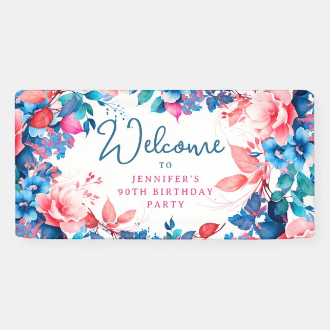 Banderoles Chic Watercolor Floral 90e anniversaire fête (Horizontal)