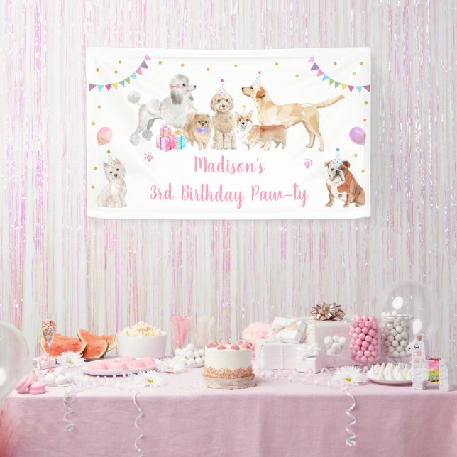 Banderoles Chien Chien rose Fille Paw-ty Anniversaire (Fête)