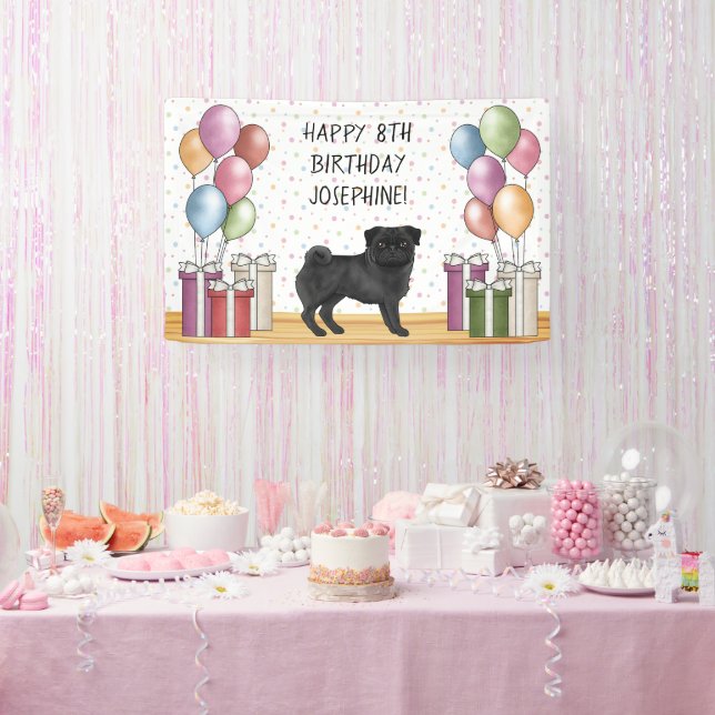 Banderoles Chien noir Carlin coloré Pastels Joyeux Anniversai (Fête)