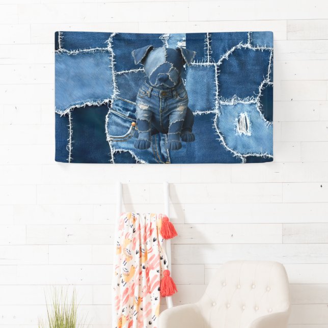Banderoles Chien Patchwork Art Denim (En situation)