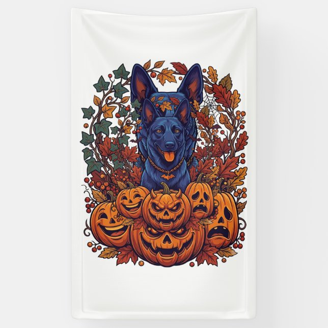 Banderoles Chiens Pitbull Bleus Citrouilles Halloween Feuille (Vertical)