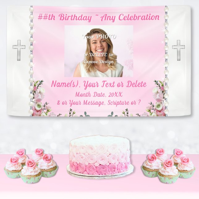 Banderoles Christian Birthday Banner, Pastor's Wife Birthday, (Christian Birthday Party Ideas. personalized birthday banner with picture. Pink birthday banner.)