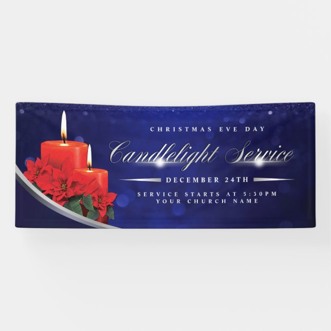 Banderoles Christmas Eve Candlelight Poinsettia Blue Church (Horizontal)